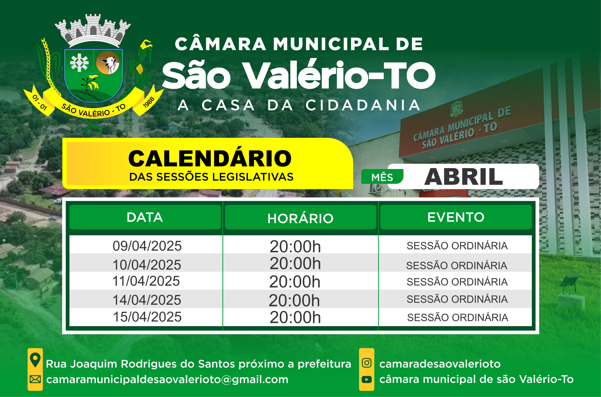 CALENDARIO DAS SESSOES ORDINARIAS DO MES DE ABRIL DE 2025