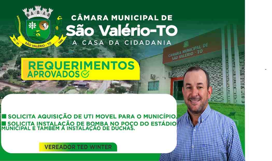 Requerimento N° 097/2025Solicita a aquisição de uma UTI móvel para nosso Município.
Requerimento N° 098/2025 Solicita a instalação de duchas e bomba no poço artesiano do Estádio Municipal.
